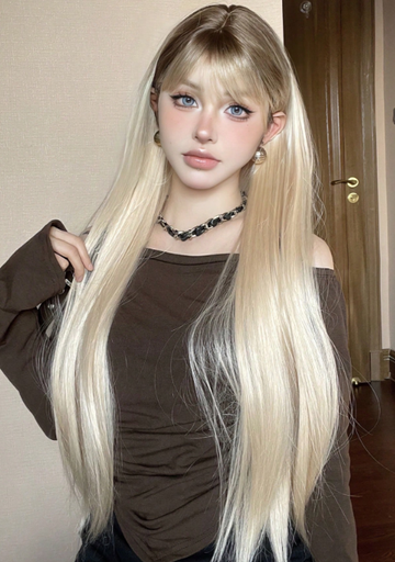 Blonde Straight Dark Roots With Bangs Synthetic Wig