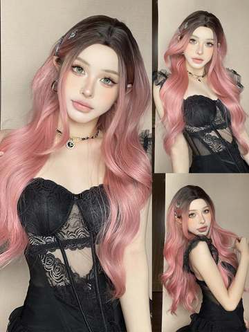 Pastel Pink With Dark Brown Roots Bodywave Wig